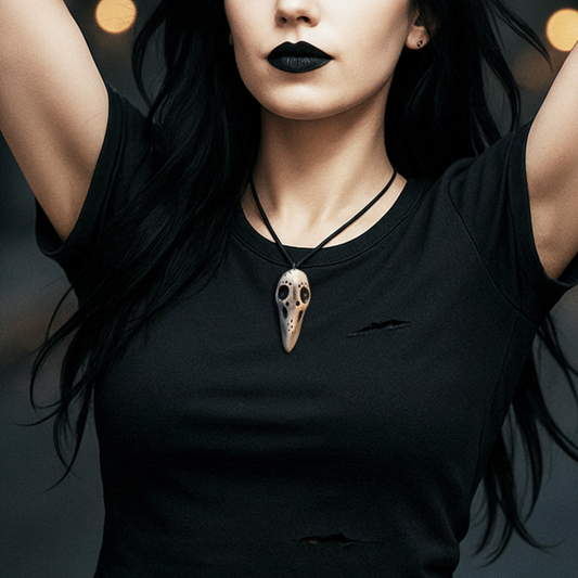 Person wearing a black shirt with a unique necklace against a blurred background