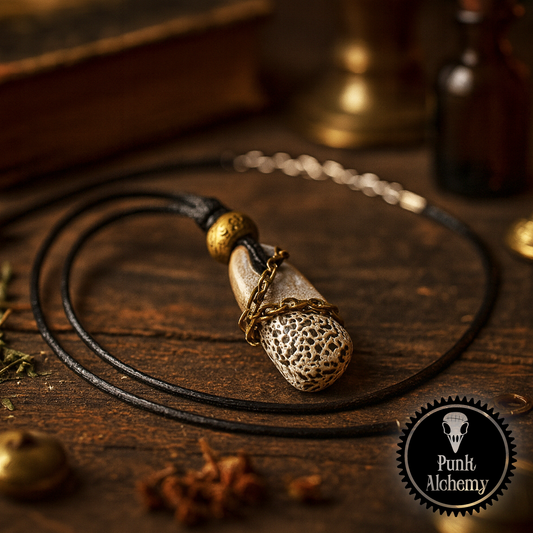 Necklace with a unique pendant on a wooden surface, featuring 'Punk Alchemy' brand.