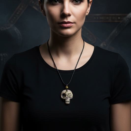 Person wearing a black t-shirt with a skull pendant necklace against a dark background