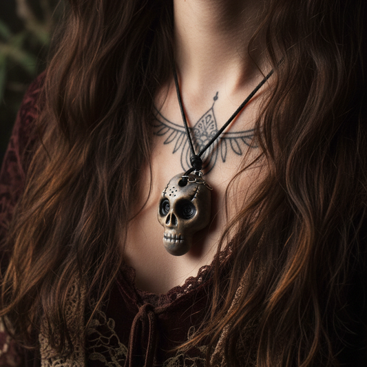 Person wearing a skull pendant necklace with intricate design