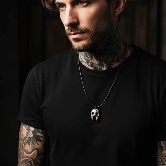 Man with tattoos wearing a black t-shirt and skull necklace against a dark background