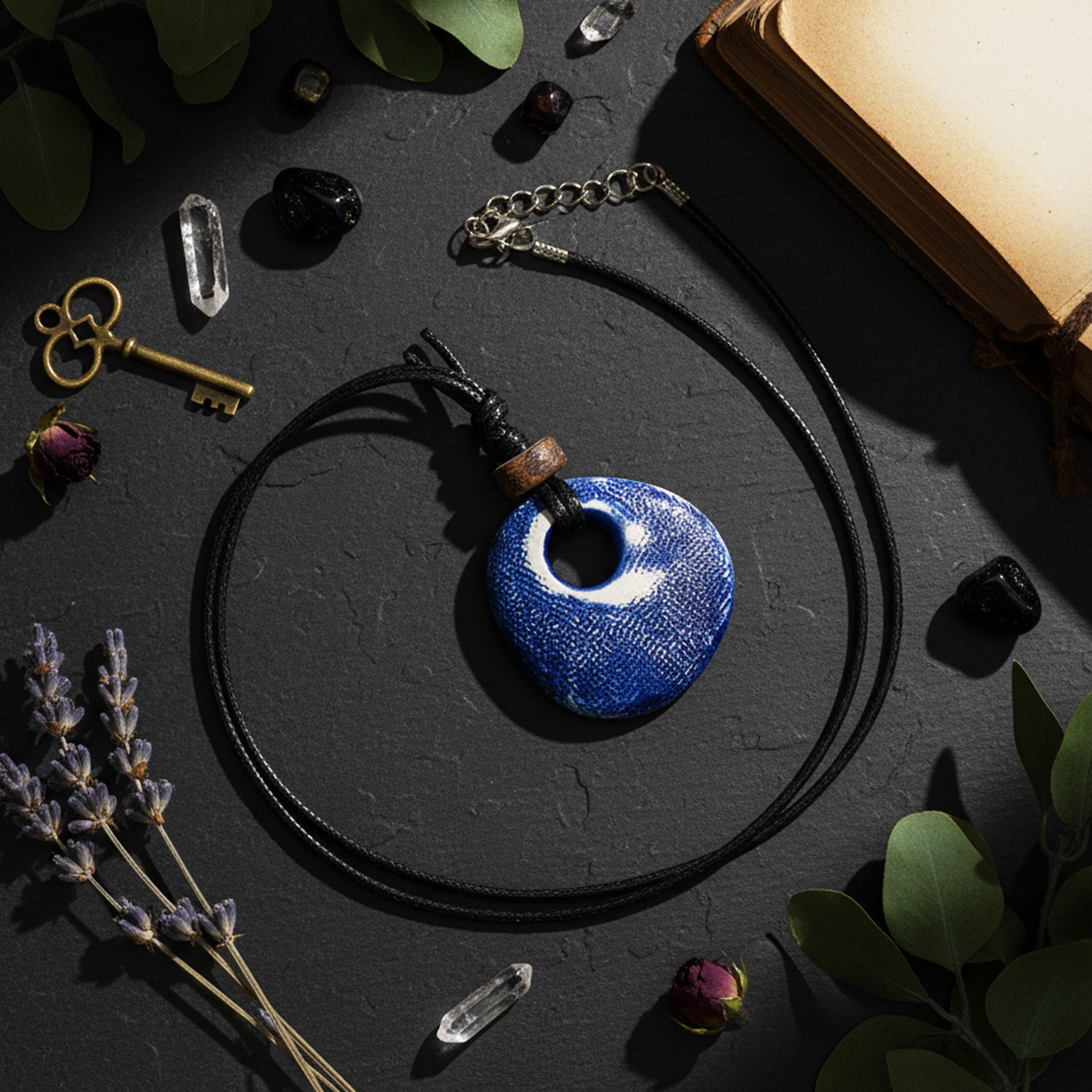 Blue pendant necklace on a dark surface with keys, crystals, and plants.