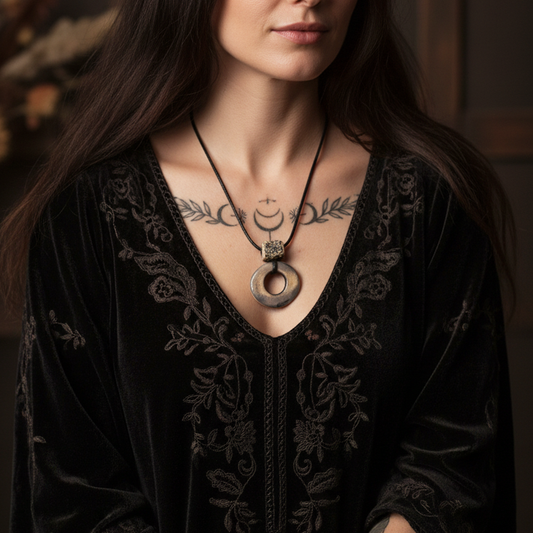 Woman wearing a black embroidered top with a necklace and tattoos on her neck.