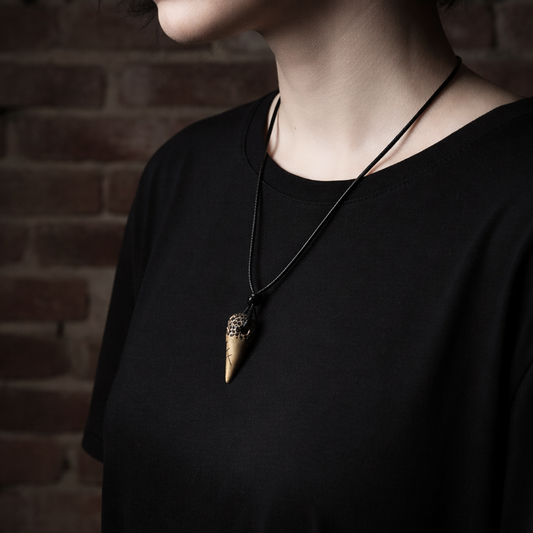 Person wearing a black shirt with a necklace featuring a unique pendant against a brick wall.
