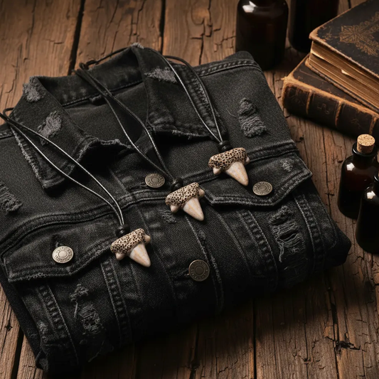 Black denim jacket with acorn-shaped buttons on a wooden surface