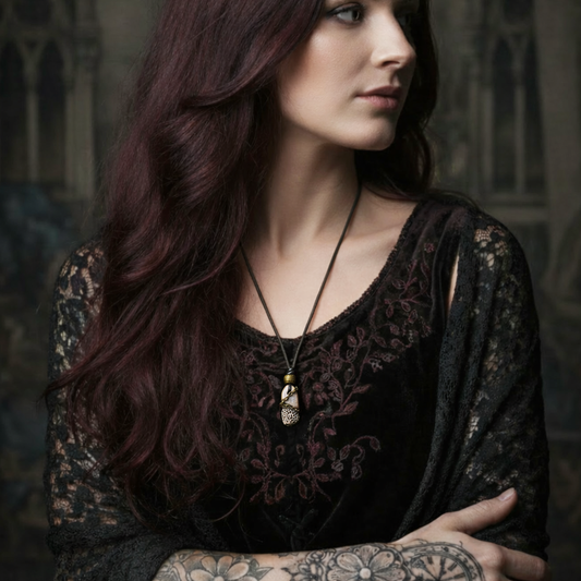 Woman wearing a black lace top with a necklace, standing against a dark background.
