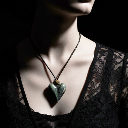 Heart-shaped pendant necklace on a black lace top against a dark background