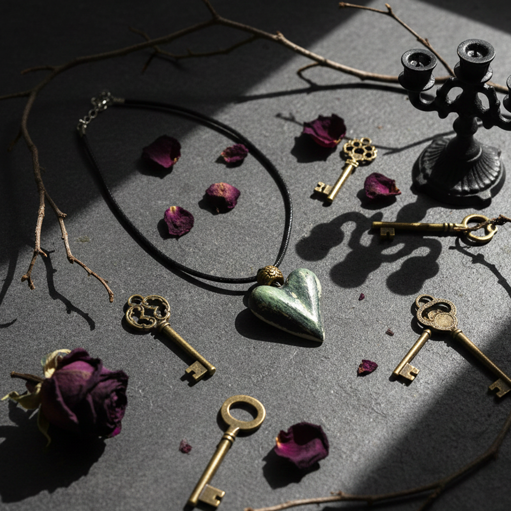 Vintage keys, heart-shaped pendant, and dried roses on a dark surface